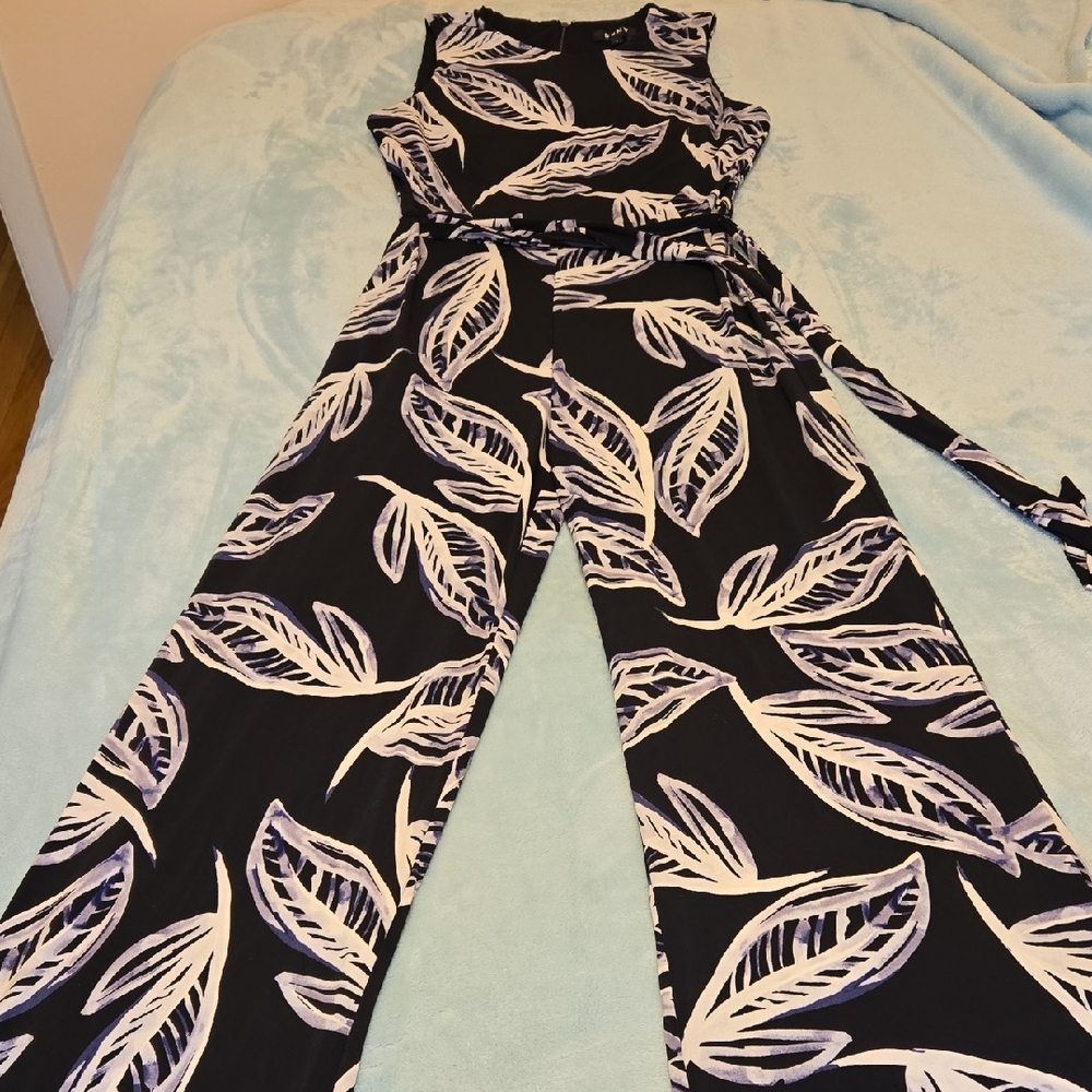 DKNY Black and White Leaf Print Jumpsuit